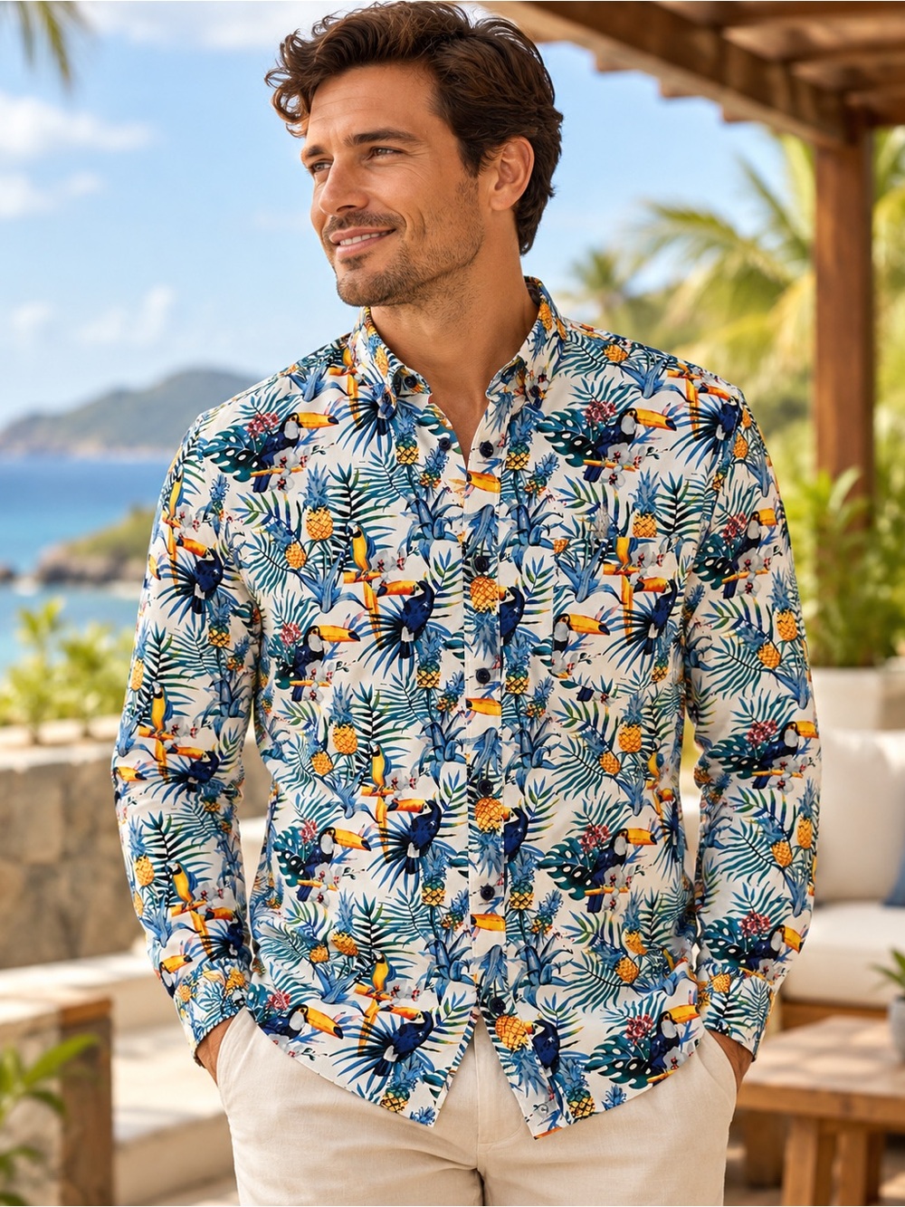 Paisley & Gray Men’s Shirt L Tropical Toucan Pineapple Print Slim Fit Button‎